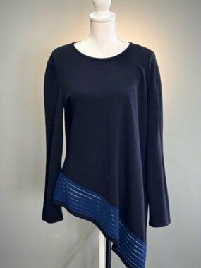 ST JOHN Wool Sweater Asymmetric Hem Long Sleeves - L - Black Blue, Quiet Luxury